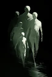 Midjourney generated image using SREF code Cryptoglow: A group of people walking in the dark.