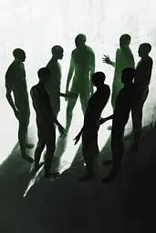 Midjourney generated image using SREF code Cryptoglow: A group of people standing in a dark room.