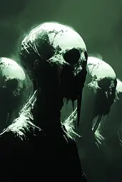 Midjourney generated image using SREF code Cryptoglow: A group of skulls in a dark room.