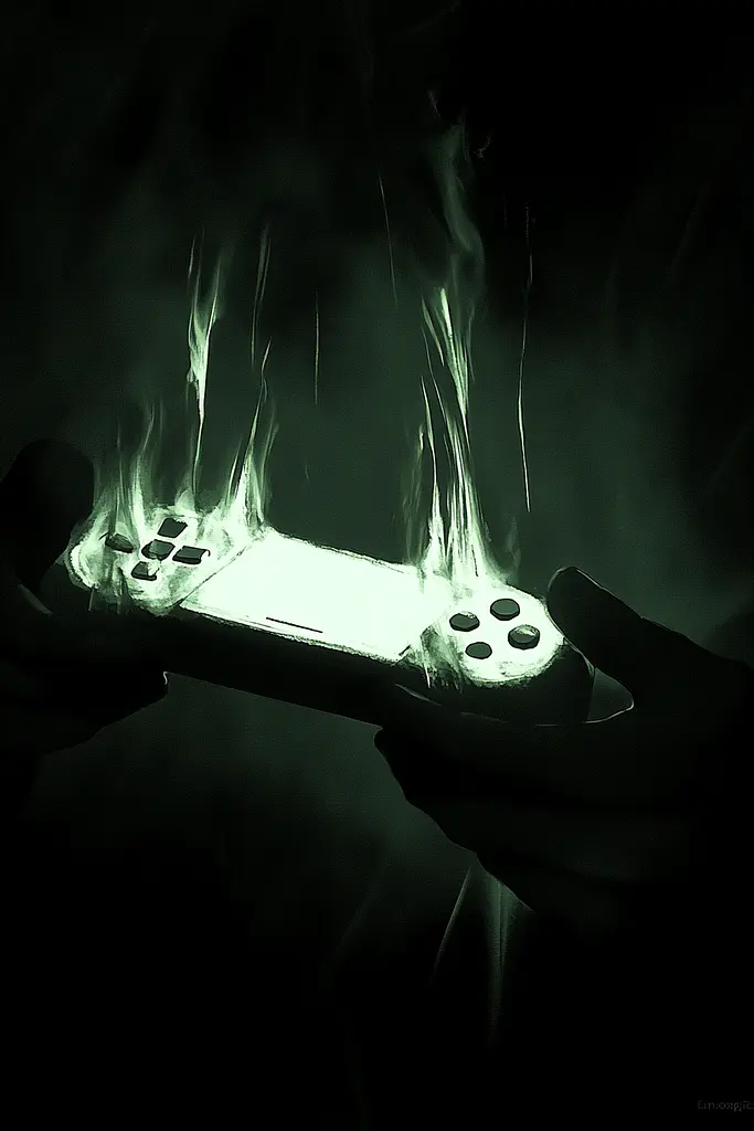 Midjourney generated image using SREF code Cryptoglow: A person holding a video game controller in their hands.