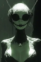 Midjourney generated image using SREF code Cryptoglow: A woman in a black dress with a skull on her head.