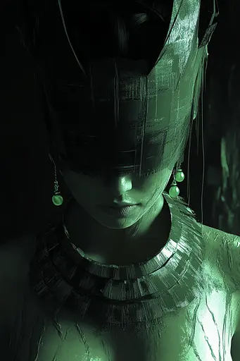 Midjourney generated image using SREF code Cryptoglow: A woman with a green mask on her face.