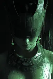 Midjourney generated image using SREF code Cryptoglow: A woman with a green mask on her face.