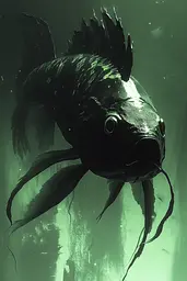 Midjourney generated image using SREF code Cryptoglow: A black fish swimming in the water with a green background.