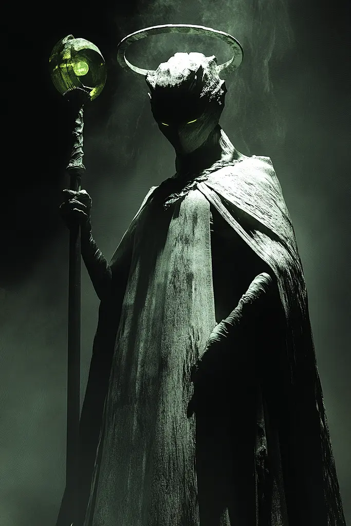 Midjourney generated image using SREF code Cryptoglow: A man dressed as a demon holding a staff in the dark.