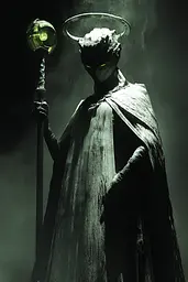 Midjourney generated image using SREF code Cryptoglow: A man dressed as a demon holding a staff in the dark.