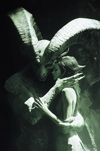 Midjourney generated image using SREF code Cryptoglow: A woman is hugging a demon with horns. 