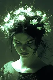 Midjourney generated image using SREF code Cryptoglow: A woman with a flower crown on her head.