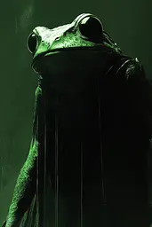 Midjourney generated image using SREF code Cryptoglow: A green frog in a black cloak standing in the rain.