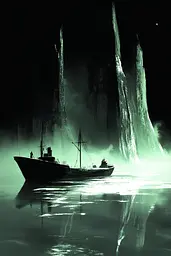 Midjourney generated image using SREF code Cryptoglow: A boat floating in the middle of a body of water.