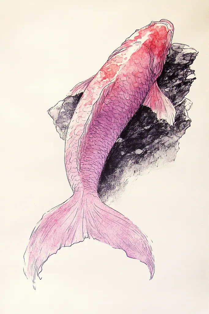 Midjourney generated image using SREF code Sanguine Odyssey: A drawing of a pink fish on a rock.