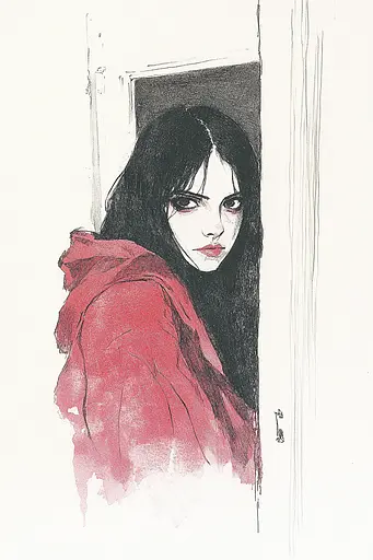 Midjourney generated image using SREF code Sanguine Odyssey: A drawing of a woman in a red hoodie.