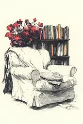 Midjourney generated image using SREF code Sanguine Odyssey: A drawing of a chair with a book shelf in the background.