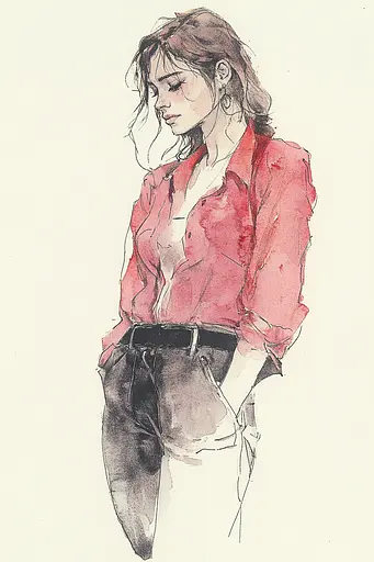 Midjourney generated image using SREF code Sanguine Odyssey: A drawing of a woman in a red shirt and jeans.