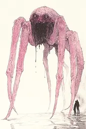 Midjourney generated image using SREF code Sanguine Odyssey: A drawing of a giant pink spider with a man standing next to it.