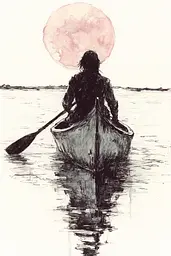 Midjourney generated image using SREF code Sanguine Odyssey: A drawing of a person in a canoe with a full moon in the background.