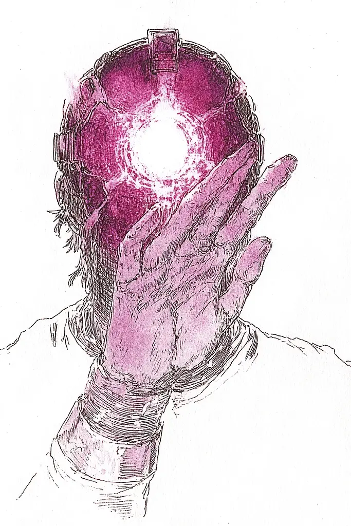 Midjourney generated image using SREF code Sanguine Odyssey: A drawing of a man holding a glowing orb in his hands.