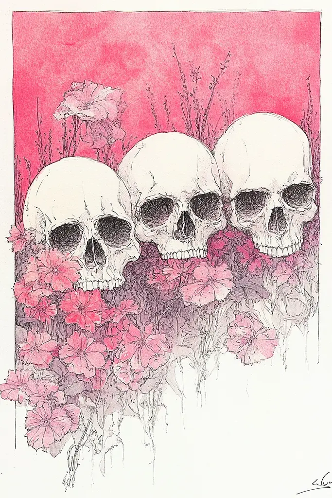 Midjourney generated image using SREF code Sanguine Odyssey: A drawing of three skulls in a field of flowers.