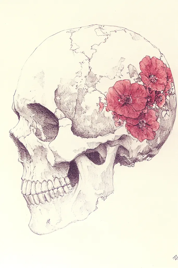 Midjourney generated image using SREF code Sanguine Odyssey: A drawing of a skull with flowers on it.