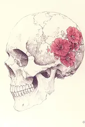 Midjourney generated image using SREF code Sanguine Odyssey: A drawing of a skull with flowers on it.