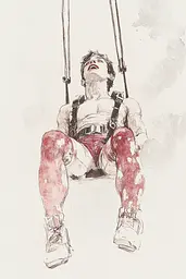 Midjourney generated image using SREF code Sanguine Odyssey: A drawing of a man sitting on a swing.