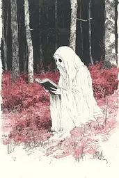 Midjourney generated image using SREF code Sanguine Odyssey: A drawing of a ghost reading a book in the woods.