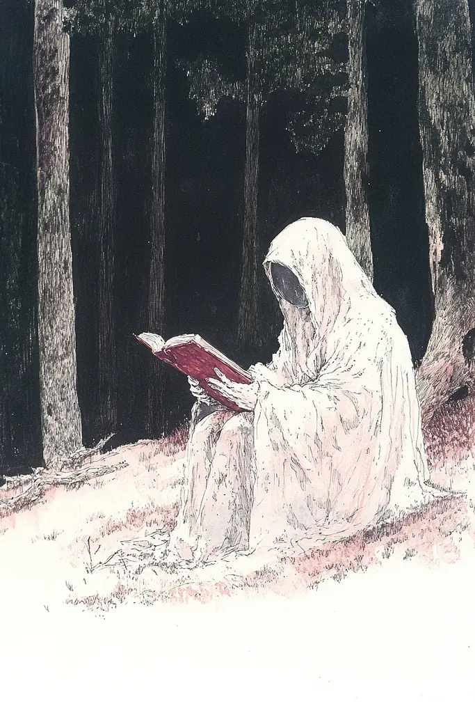 Midjourney generated image using SREF code Sanguine Odyssey: A drawing of a person sitting in the woods reading a book.