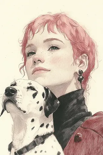 Midjourney generated image using SREF code Sanguine Odyssey: A drawing of a woman with red hair and a dalmatian dog.