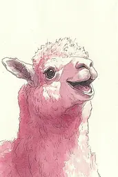 Midjourney generated image using SREF code Sanguine Odyssey: A drawing of a pink llama with its mouth open.