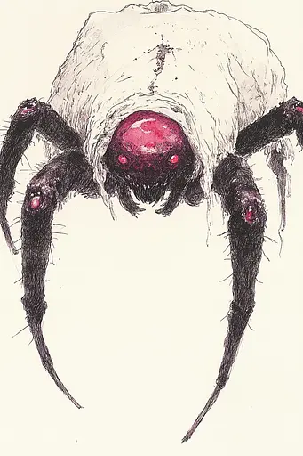 Midjourney generated image using SREF code Sanguine Odyssey: A drawing of a spider with red eyes.