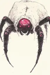 Midjourney generated image using SREF code Sanguine Odyssey: A drawing of a spider with red eyes.