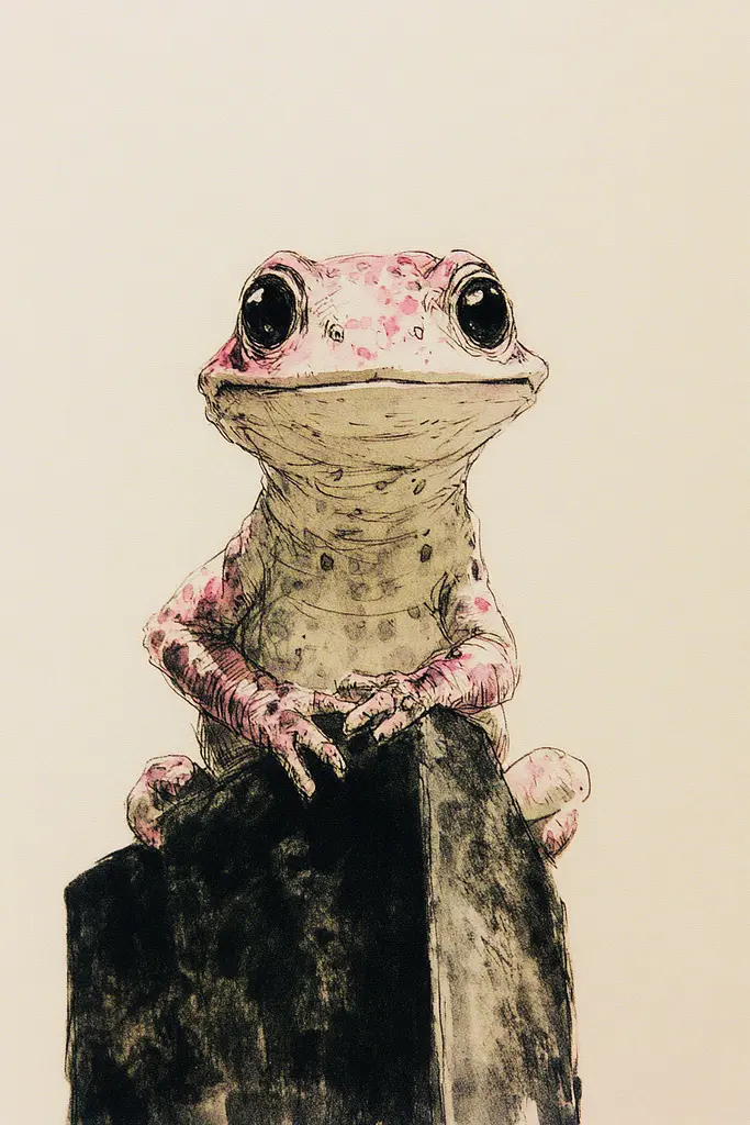 Midjourney generated image using SREF code Sanguine Odyssey: A drawing of a frog sitting on top of a rock.