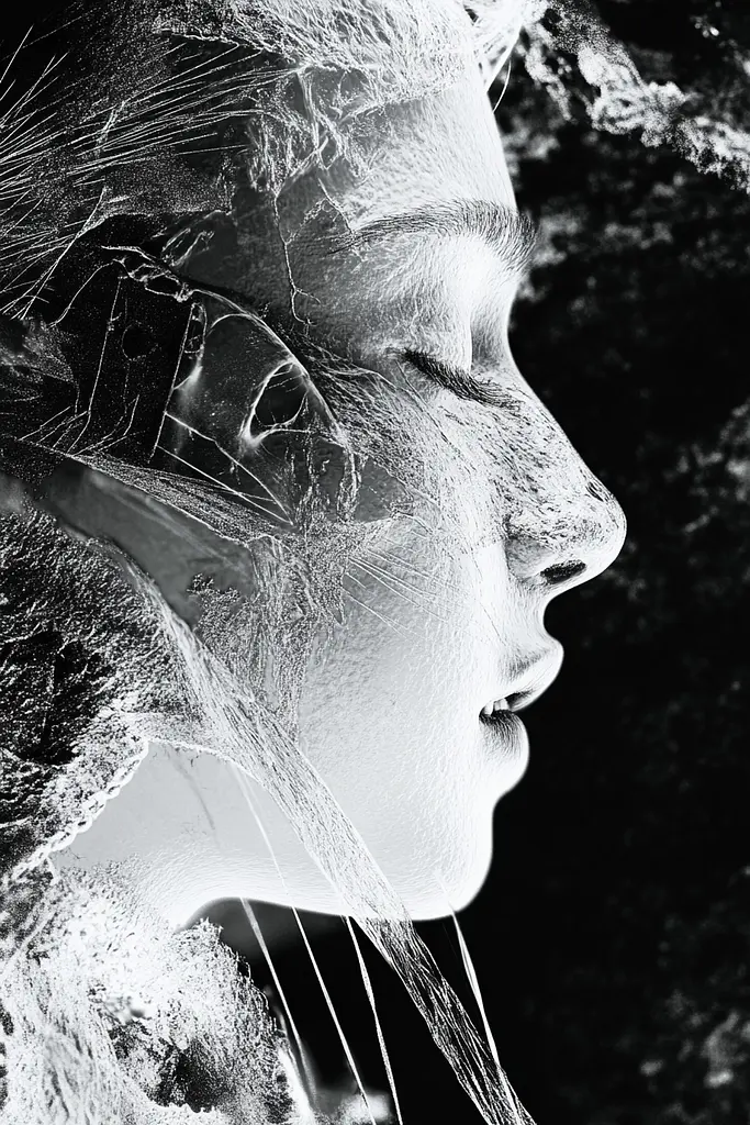 Midjourney generated image using SREF code Monochrome Shards: A black and white photo of a woman's face covered in ice.