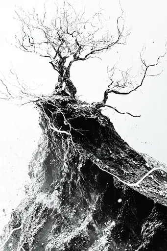 Midjourney generated image using SREF code Monochrome Shards: A black and white photo of a tree growing out of a rock.