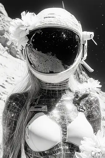 Midjourney generated image using SREF code Monochrome Shards: A woman in a space suit with a flower in her hair.