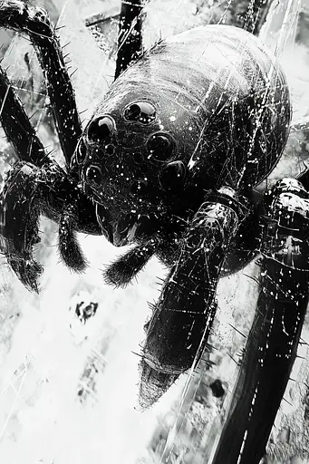 Midjourney generated image using SREF code Monochrome Shards: A black and white photo of a spider on a web.