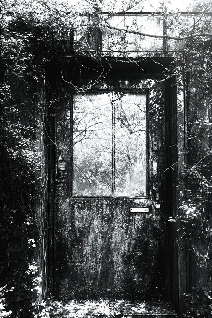 Midjourney generated image using SREF code Monochrome Shards: A black and white photo of an old door in the woods.