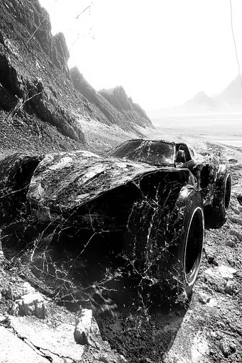 Midjourney generated image using SREF code Monochrome Shards: A black and white photo of a wrecked car on the beach.