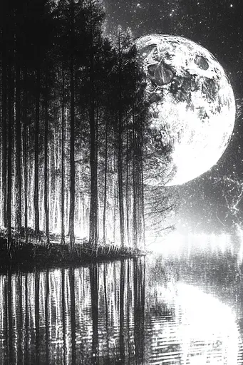 Midjourney generated image using SREF code Monochrome Shards: A black and white photo of a full moon in the night sky.