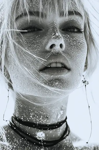 Midjourney generated image using SREF code Monochrome Shards: A black and white photo of a woman with glitter on her face.