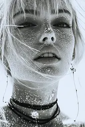 Midjourney generated image using SREF code Monochrome Shards: A black and white photo of a woman with glitter on her face.