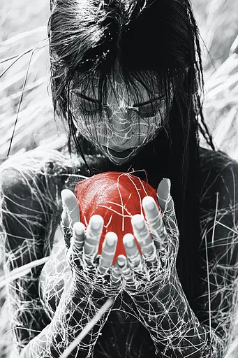 Midjourney generated image using SREF code Monochrome Shards: A woman holding a red ball in her hands.