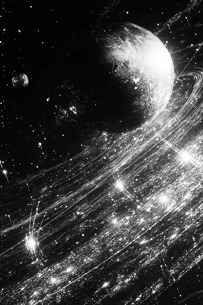 Midjourney generated image using SREF code Monochrome Shards: A black and white image of a space scene with stars and planets.