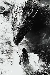 Midjourney generated image using SREF code Monochrome Shards: A woman standing in front of a giant dragon.