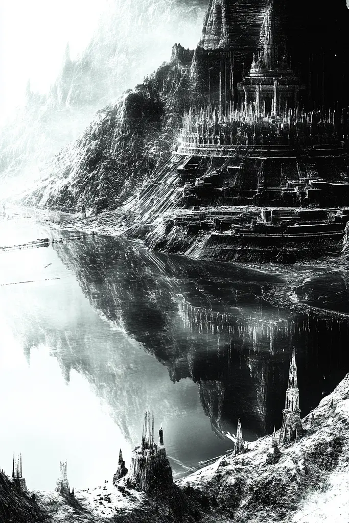 Midjourney generated image using SREF code Monochrome Shards: A black and white photo of a castle in the middle of a mountain.