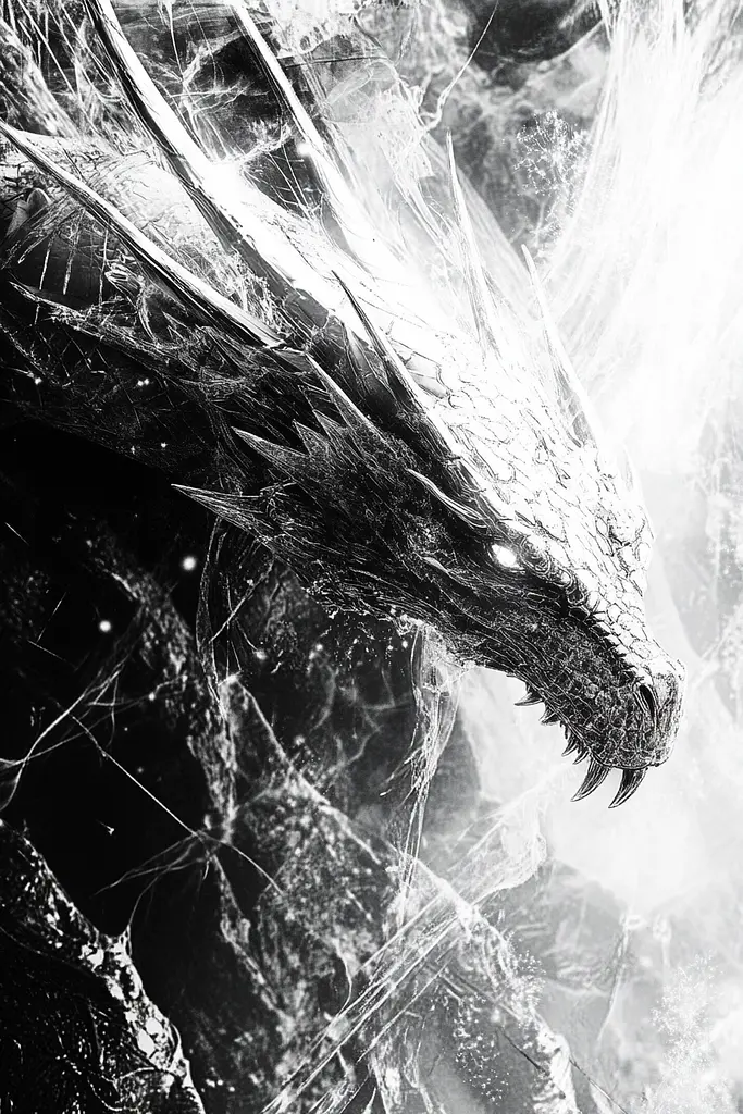 Midjourney generated image using SREF code Monochrome Shards: A black and white photo of a dragon's head.