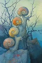 Midjourney generated image using SREF code Celestial Cascade: A painting of three snails on top of a tree.