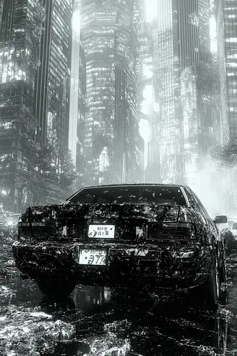 Midjourney generated image using SREF code Monochrome Shards: A black and white photo of a car in the middle of a city.