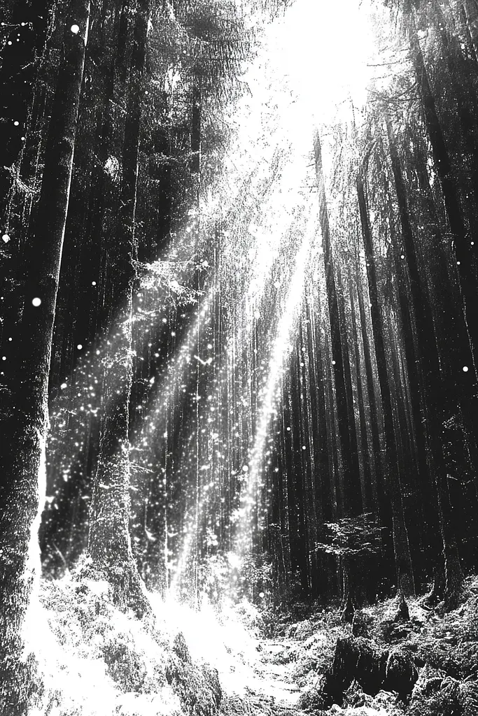 Midjourney generated image using SREF code Monochrome Shards: A black and white photo of the sun shining through the trees.