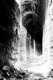 Midjourney generated image using SREF code Monochrome Shards: A black and white photo of a tunnel.